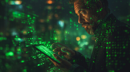A man is using a tablet with a green screen. The image has a futuristic and technological vibe