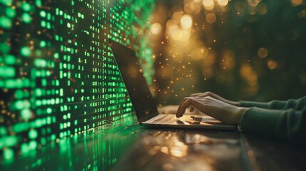 A person is typing on a laptop in front of a green screen with a lot of numbers. Concept of technology and productivity, as the person is using the laptop to work or create something
