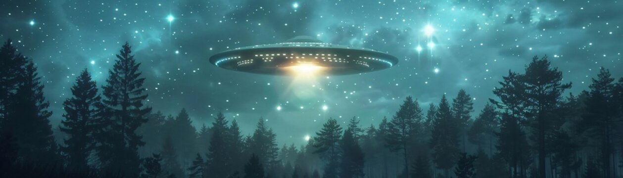 A mystical UFO hovers over a forest at night, casting a bright glow, surrounded by stars and a cloudy sky, creating an eerie atmosphere.