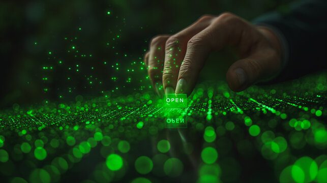 A hand is pointing to a green screen with the word open on it. The image has a futuristic and technological feel to it, with the green screen and the glowing hand - Powered by Adobe