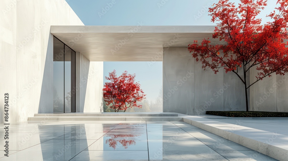Poster A white building with a large tree in front of it