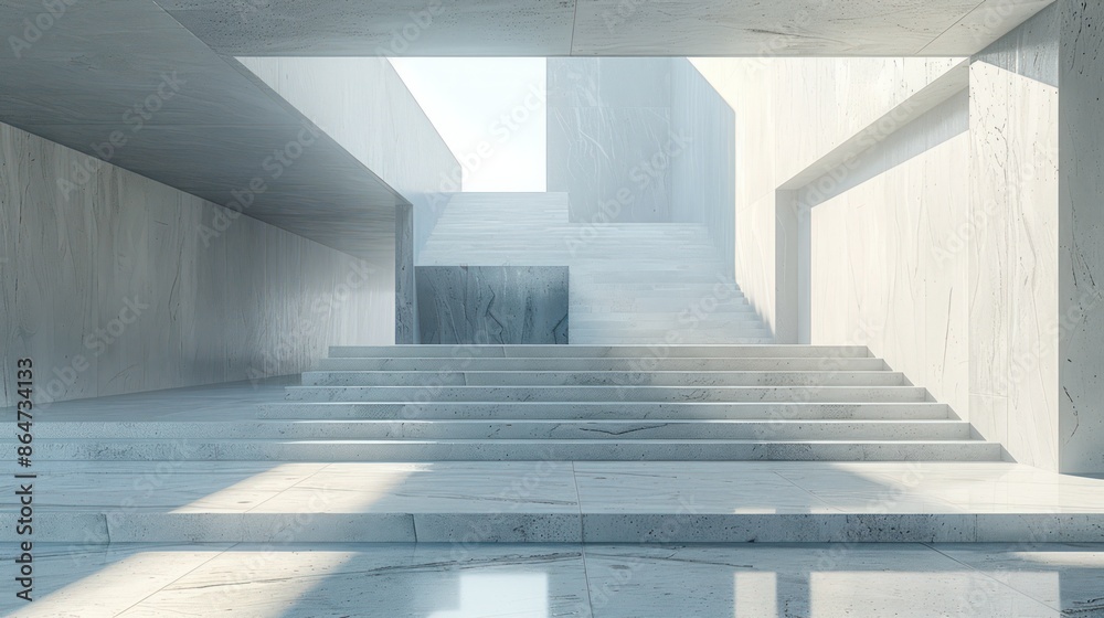 Aufkleber a large, empty room with a staircase leading up to a higher level