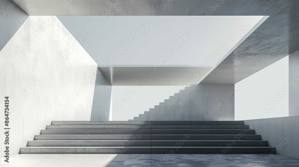 Poster a large, empty room with a staircase leading up to a higher level