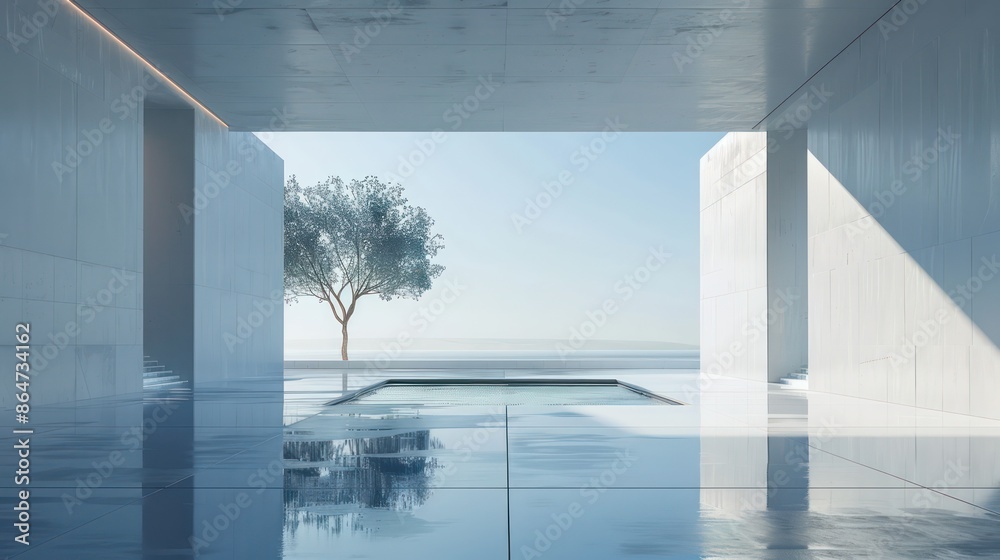 Poster A large open space with a tree in the middle and a pool on the right