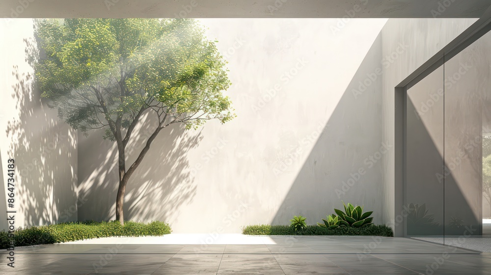 Poster a large tree casts a shadow on a white wall, creating a peaceful