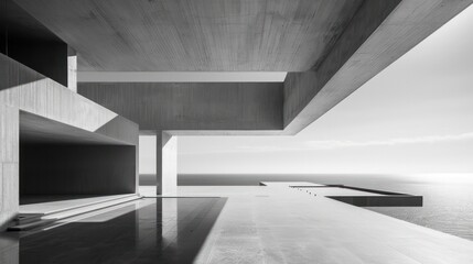 A large, empty building with a view of the ocean
