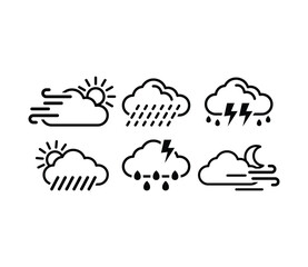 weather cloud rain wind, sun, snow, fog, lightning icons symbol vector design simple line illustration collection set isolated