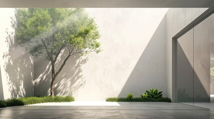 A large tree casts a shadow on a white wall, creating a peaceful