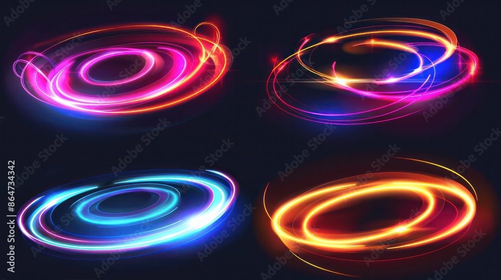 Poster waved neon lights with swoosh effects. realistic modern illustration set of glowing swirl lines.