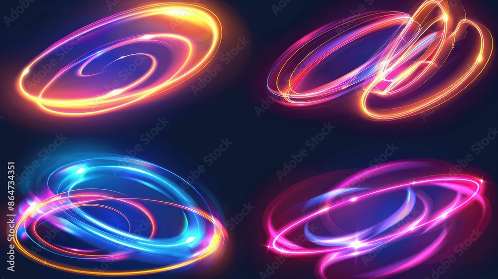 Poster waved neon lights with swoosh effects. realistic modern illustration set of glowing swirl lines.