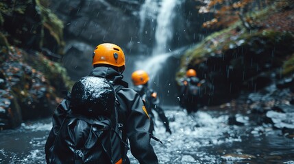 Adventurous group trekking through a rain-soaked canyon with orange helmets and black jackets, illuminated by dramatic light, looking back at the camera with a stunning waterfall in the background.