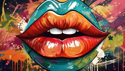 human red lips on graffiti wall; pop art