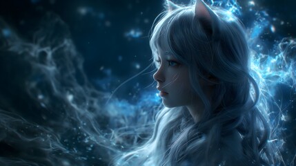 Cat Girl In Mystical Light. Illustration On The Theme Of Comics, Lifestyle, Feelings And Fantasy.  Generative AI