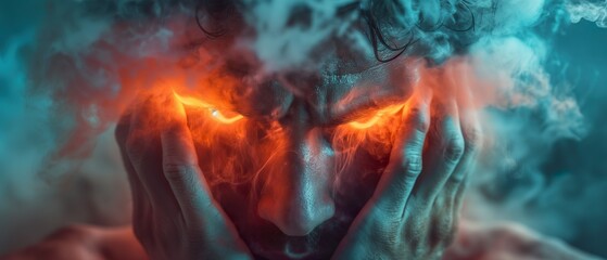 Fototapeta premium A Devil Man With Burning Eyes. Illustration On The Theme Of Emotions, Feelings And Mysticism. Generative AI