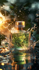 Beautiful perfume bottle in water outdoors