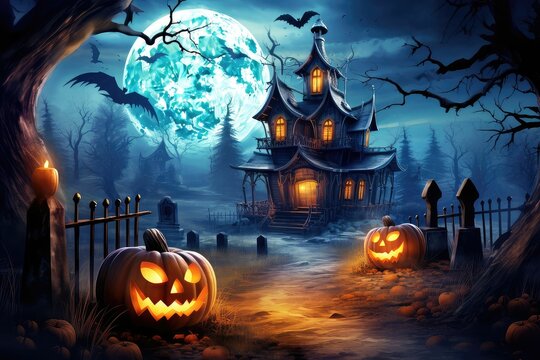 Spooky haunted house with glowing pumpkins and a full moon creating a terrifying Halloween night background , watercolor illustration.