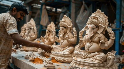 Obraz premium Traditional clay Ganesha idols being crafted by artisans, highlighting the cultural craftsmanship and preparations for Ganesh Chaturthi
