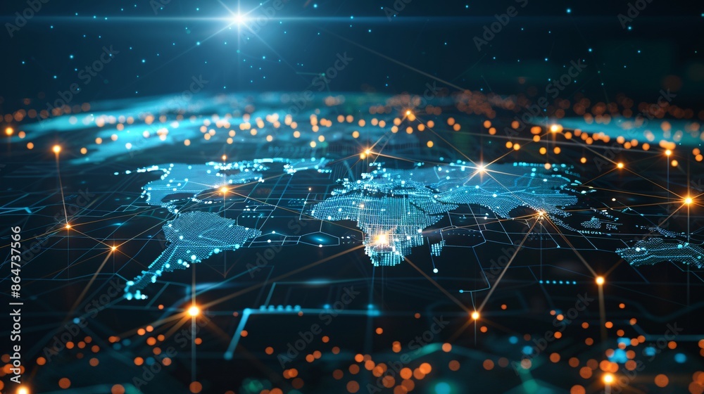 Poster a futuristic digital map illustrating global connectivity and data transfer, with glowing nodes and 