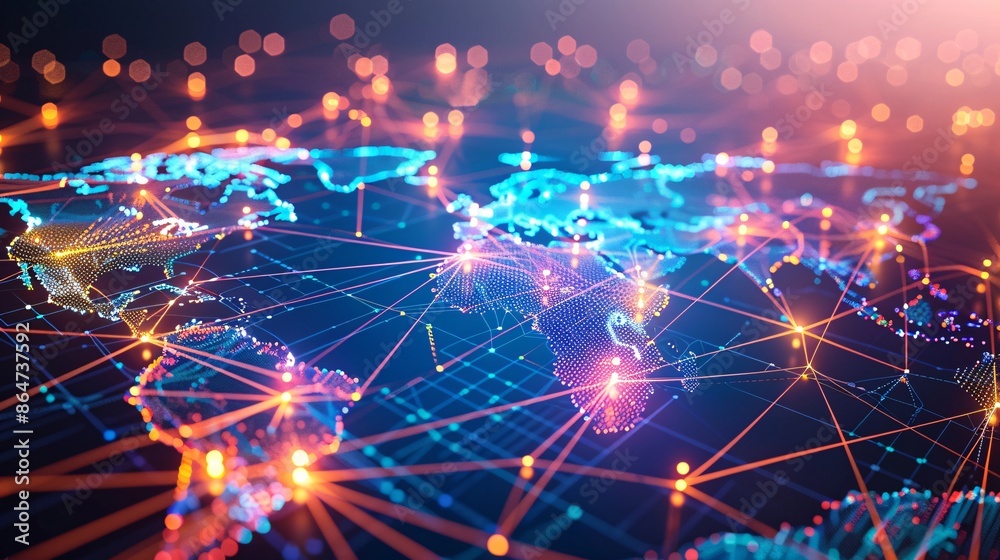Poster an abstract digital map showing interconnected nodes and lines, symbolizing global network and conne