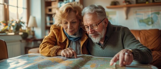 Elderly couple planning travel on a map in a Home, Retirement travel concept