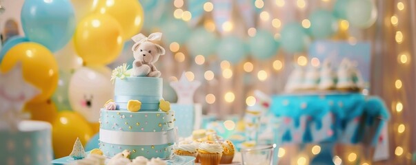 Festive baby shower setup with a blue-themed cake, balloons, and decorations, creating a joyful atmosphere for celebration.