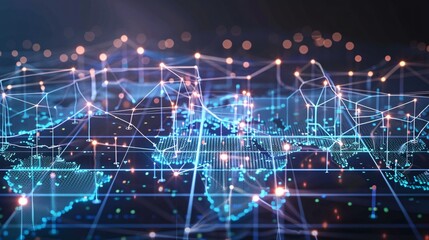 A futuristic digital map illustrating global connectivity and data transfer, with glowing nodes and connecting lines over a dark background. The design emphasizes the complexity of cyber technology