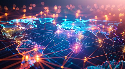 An abstract digital map showing interconnected nodes and lines, symbolizing global network and connectivity. The bright, colorful elements highlight the continuous flow of data transfer and cyber