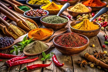 Fototapeta premium Vibrant-colored Indian spices and utensils adorn a beautifully crafted wooden table, set at a front angle, revealing a warm and inviting kitchen ambiance.