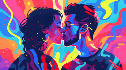 Naklejka premium A vibrant, colorful illustration of a couple kissing, filled with dynamic, abstract patterns.