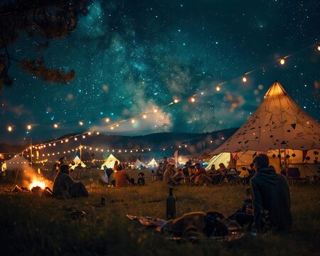 Night camping under a starry sky with tents, bonfire, and string lights. People gathering and enjoying the serene outdoor setting.