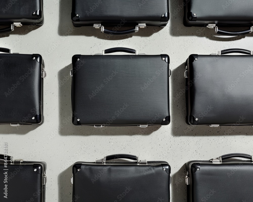 Aufkleber organized array of black briefcases on a gray corporate floor, symbolizing structure and professiona