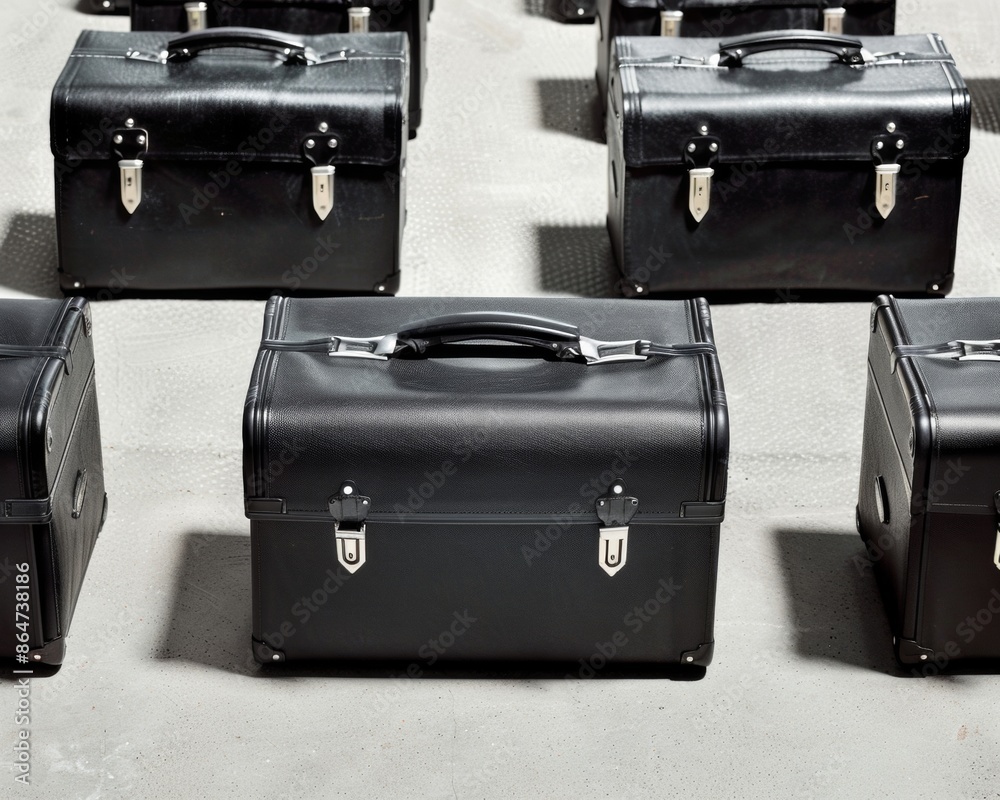 Poster geometric arrangement of black briefcases on gray corporate floor with soft shadows in bright graysc