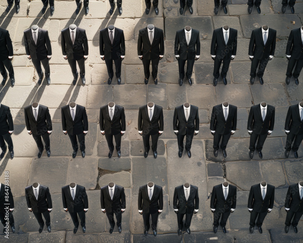 Aufkleber Organized Display of Identical Black Suits on Gray Cobblestone Background in Grayscale, Illustrating Symmetry and Minimalism