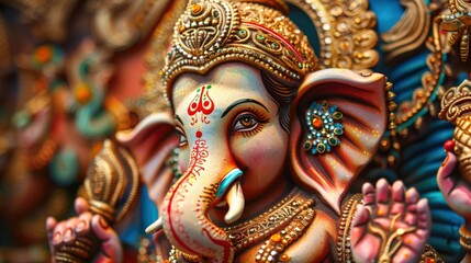 Close-up of a beautifully adorned Ganesha idol with intricate details, vibrant colors, and traditional ornaments, highlighting the artistry and devotion in Hindu culture 