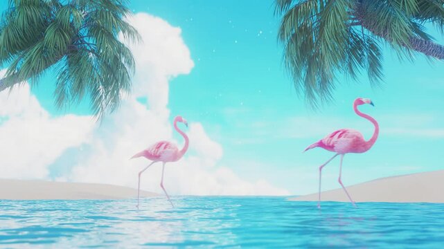 flamingo walking by tropical shore y2k relaxing dreamy stream overlay looping animation	