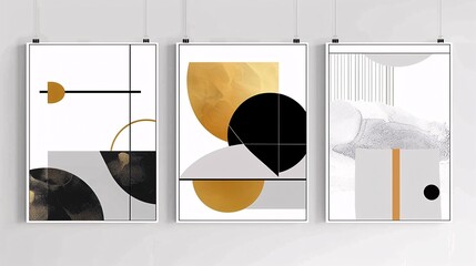 Three minimalistic abstract art posters arranged horizontally on a white wall. The posters showcase bold lines and basic shapes in contrasting colors of black, white, and gold, creating a striking