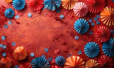 Obraz premium happy independence day america flat lay composition with paper fans and firework rockets on red background with confetti.illustration