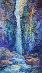 A watercolor painting of a waterfall falling from a steep rock cliff. Use for phone wallpapers, posters, postcards, brochures.