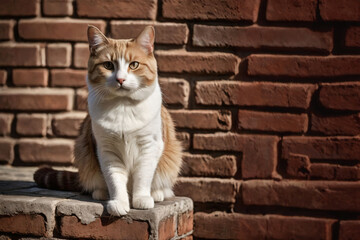 Cat on a weathered brick wall.