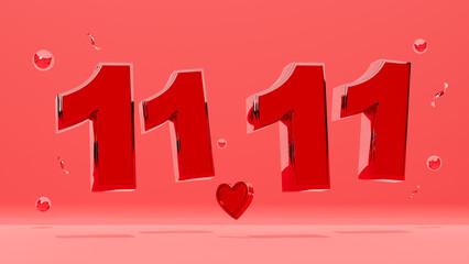 11.11 Shopping Day. Banner Template design special offer discount, Shopping day banner template, Sale Web Header template of text shiny red 11.11 on red background. 3d rendering