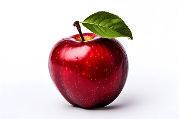 Close-up of Ripe Red Apples And Green Leaf Isolated on a White Background, Fresh Raw Organic Fruit