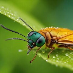 Naklejka premium A bee with dark wings and yellow and black stripes is perched on top of a purple flower. The bee is facing to the left of the image, with its head tilted to the right. Its front legs are resting on th