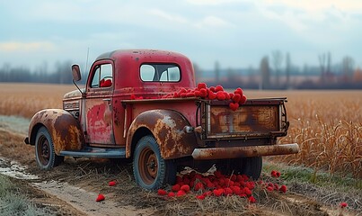 red retro truck full of red hearts in the trunk on a field road.image illustration