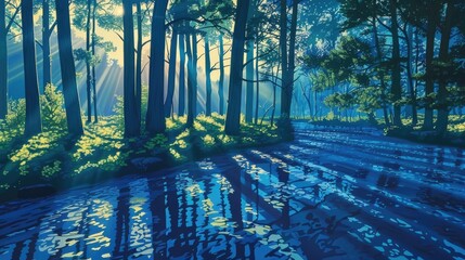 Fototapeta premium A realistic wall painting of a forest landscape during blue hour, with tall trees casting long shadows over a gently flowing river. The 3D fractal texture in the leaves and water creates a