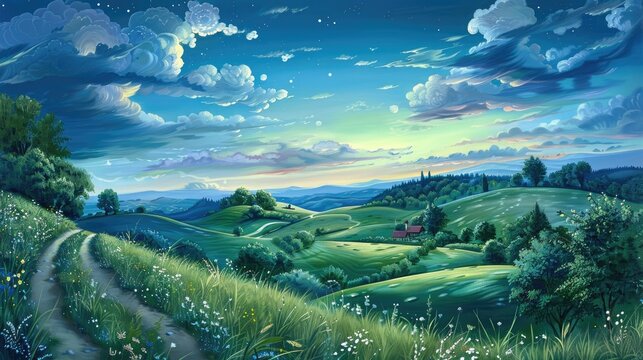 A wall painting depicting a tranquil countryside landscape at blue hour, with rolling hills and a winding path leading to a distant village. The 3D fractal texture in the grass and clouds adds a