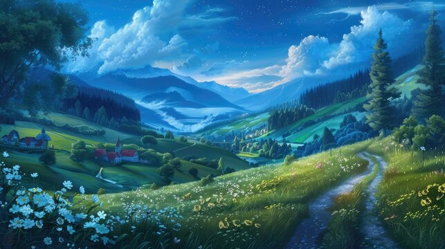 A wall painting depicting a tranquil countryside landscape at blue hour, with rolling hills and a winding path leading to a distant village. The 3D fractal texture in the grass and clouds adds a