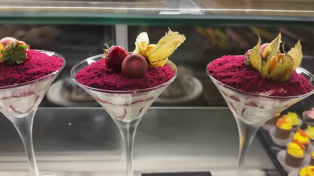 Glasses of tasty pudding ice cream dessert with strawberries and raspberries on top. The dessert is in a martini glass