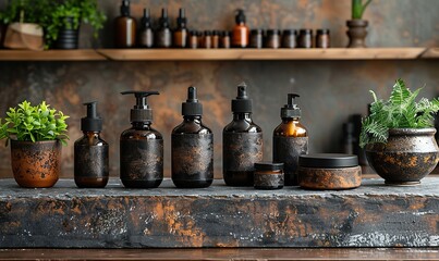 Fototapeta premium set of male skin care beauty products on stone table spa cosmetics for men design branding.illustration