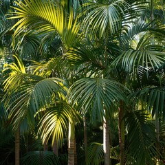 Fototapeta premium Tall tropical palm with bushy fronds, mid-shot, soft morning ligh