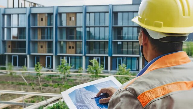 worker inspect the site plan in the construction site using wear pack and safety helmet